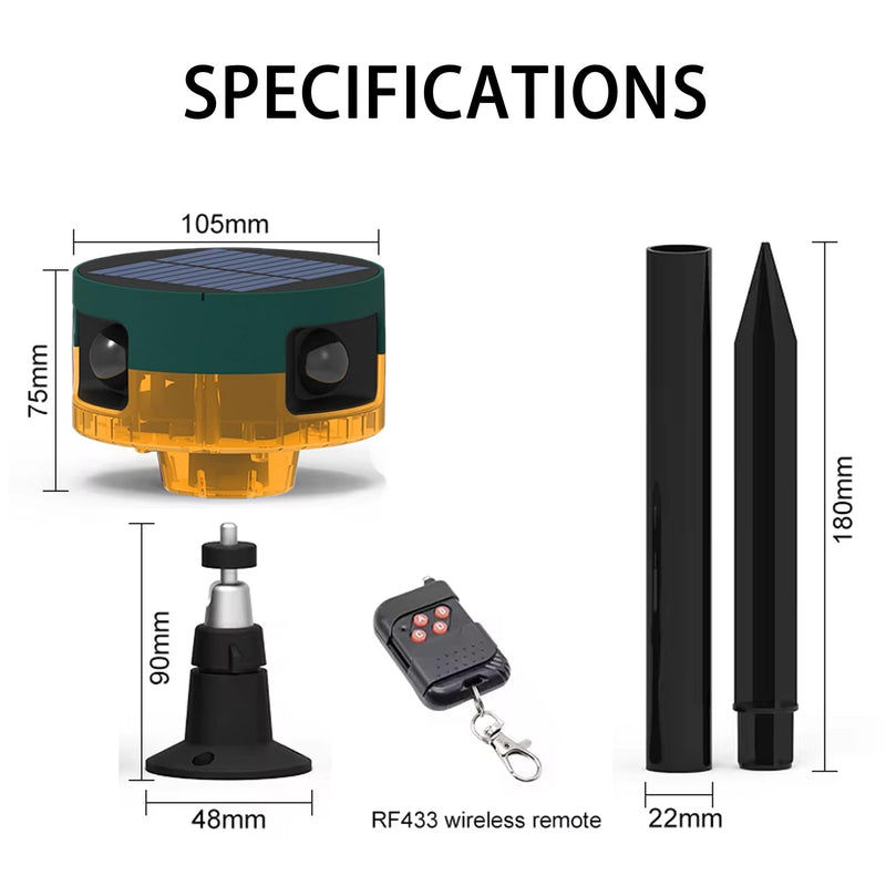 Solar Outdoor Motion Sensor Alarm: Dog Barking&Gunshot Sound, 129db Loud Siren,Support Recording, 13 Kinds of Sound Strobe Light Yellow 1 Pack