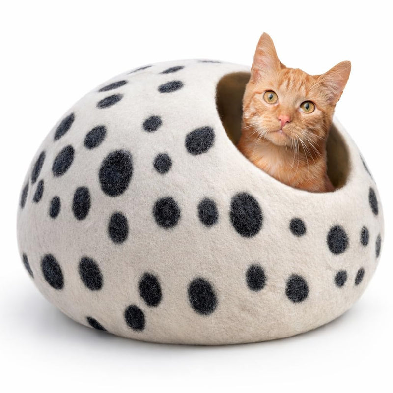 Luxurious Merino Wool Cat Cave - Foldable Hideaway Pod for Indoor Cats - Premium Felt Kitten Pet Enclosure - Covered Cat House for Ultimate Cozy Comfort by Woolygon White Polka - PawsPlanet Australia