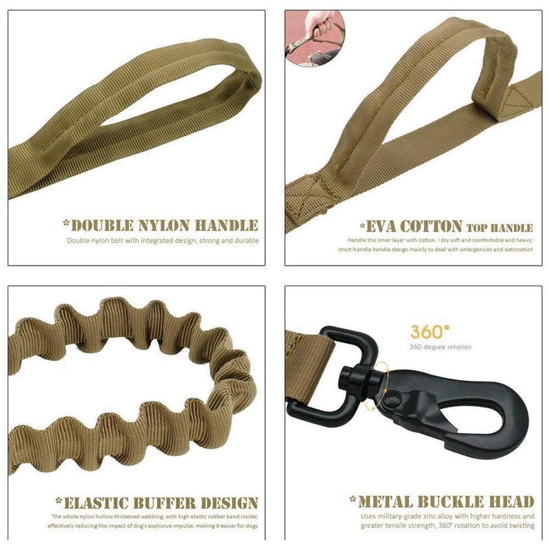 Tactical Dog Collar and Leash Set Tactical Dog Collar with Handle Bungee Leash Adjustable Military Training Nylon Collar Dog Training Collar Leash Set with Control Handleand Metal Buckle （Brown L Large (Pack of 1) Brown SET(collar+leash)