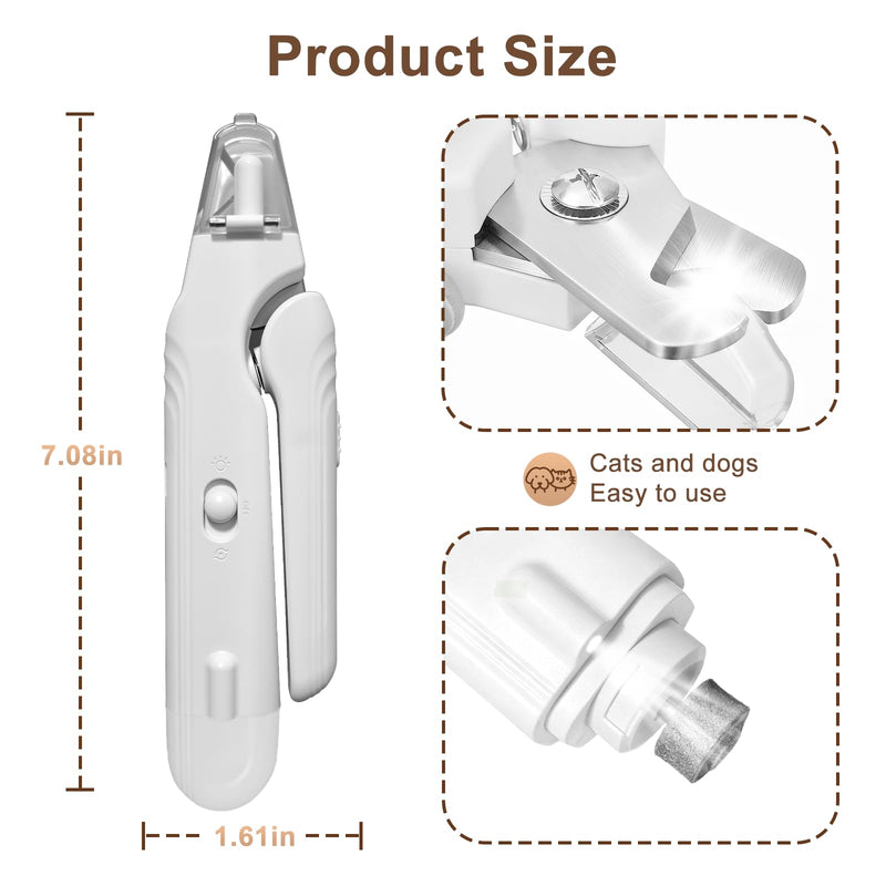 2-in-1 Dog Nail Clippers and Cat Nail Clippers with Light, Quick Sensor and Safety Guard, USB Rechargeable Pet Nail Trimmer with 2 LED Lights for Large Medium Small Dogs and Cats (White) White - PawsPlanet Australia