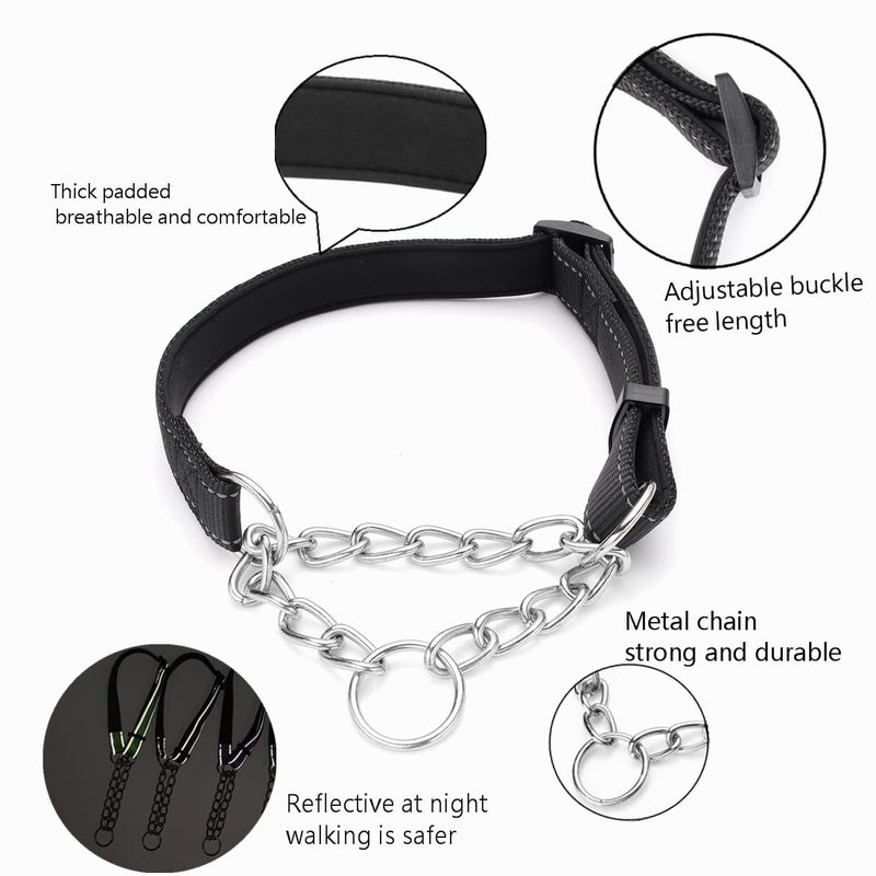 Martingale Dog Collars Adjustable Soft Nylon Reflective Collars with Stainless Steel Chain Walking Training Collars Heavy-Duty Puppy Chain Collars for Small,Medium,Large Dogs(Black,L) L-(dog's neck19-23inches) Black - PawsPlanet Australia