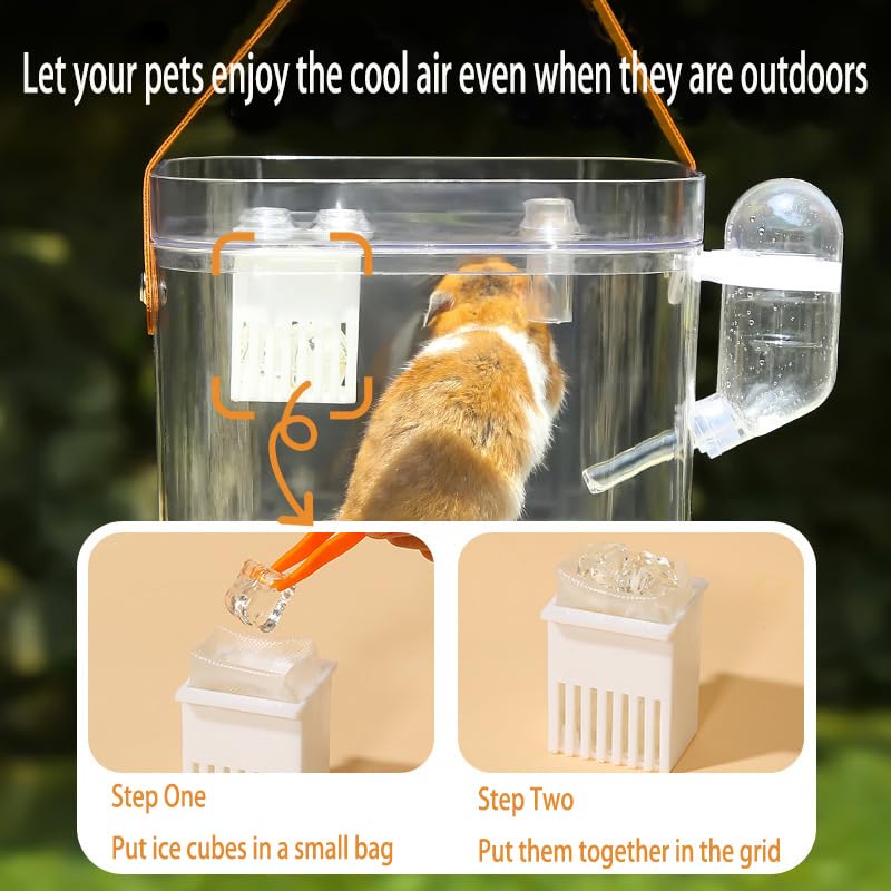 KAMEIOU Travel Small Animals Guinea Pig Cage Carrier for Hamsters Hedgehogs Ferret Guinea Pigs Portable Carrier Cage with Belt Handle Ice Storage Water Bottle 360° Transparent Breathable Box Carriers