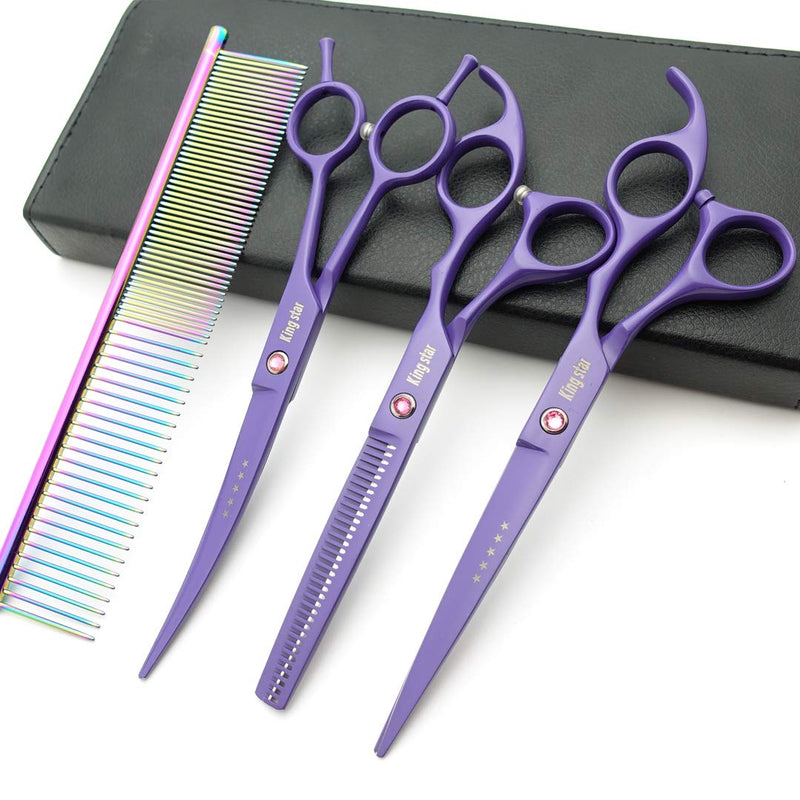 7.0in. Matt Purple Professional Pet Grooming Scissors Set,Straight & Thinning & Curved Scissors Set with Comb,case,A429 7 inches 7 Inches Purple Set