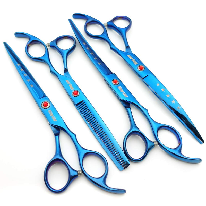 7.0in Titanium Blue Professional Pet Grooming Scissors Set,Straight & Thinning & Curved Scissors 4pcs Set for Dog Grooming,(Blue) - PawsPlanet Australia