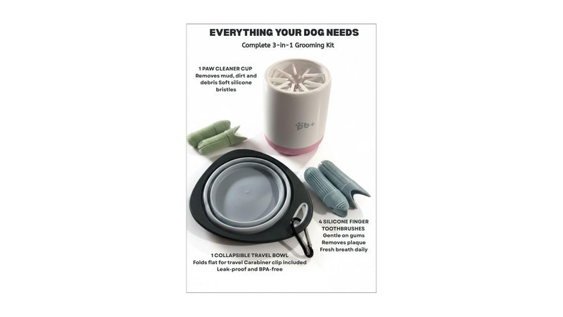 Dog Grooming Kit – Paw Cleaner Cup for Muddy Paws, Collapsible Travel Bowl with Carabiner & 4 Silicone Finger Toothbrushes – Portable Pet Dental Care & Paw Washer for Small Dogs, Puppies & Cats