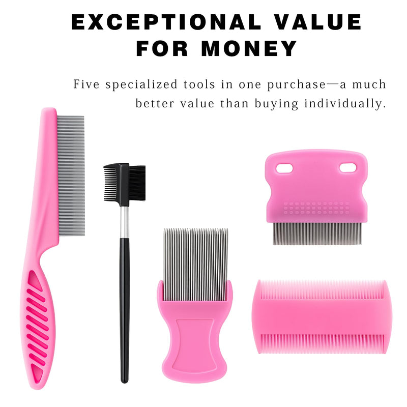Flea & Lice Combs for Pets – Fine-Tooth Stainless Steel Grooming Set, Dematting Tools for Dogs and Cats – 5 Pack