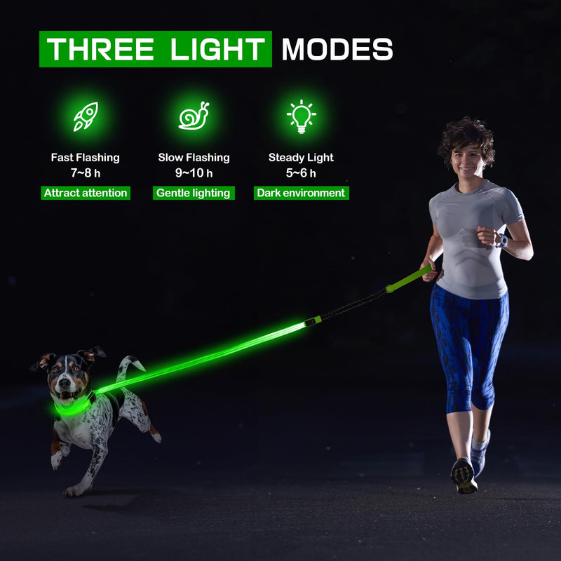 Light up Dog Collar & Lesh Set - Flashing Dog Leash Set Glow in The Dark Dog Collars for Medium Dogs with Elastic Cord 5.4-6.6FT L Vitality Green - PawsPlanet Australia