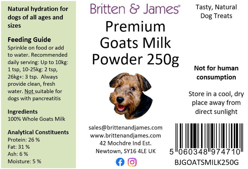 100% Natural Whole Goats Milk Powder for Dogs by Britten and James. Nutrient-Rich Boost, Improves Dogs' Hydration, Appetite, Gut Health & Immunity. High Calcium & Vitamins. For All Ages (250g) 250g
