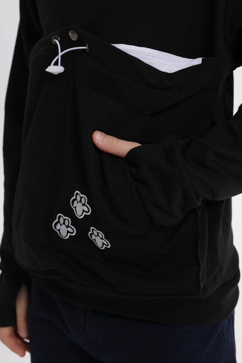 ALYC Boys Girls Hoodies - Pet Holder Kitten Puppy Carriers Pullover Long Sleeve Cat Ear Sweatshirt with Removable Inner Pouch Black - PawsPlanet Australia