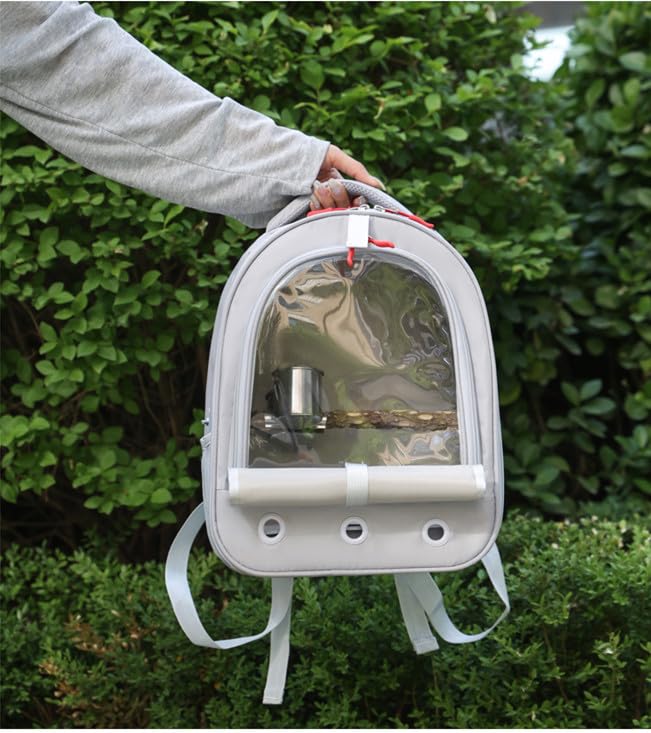 Bird Traval Carrier Cage, Multi Vent Holes Clear Space Capsule Astronaut Backpack to Carry Parakeet Cockatiel Parrot with Metal Tray Wood Perch, Vet Transport Book Bag (Grey) Grey - PawsPlanet Australia