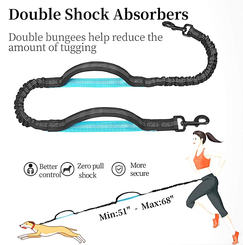 Hands Free Dog Leash with Waist Zipper Pouch, Dual Padded Handles and Dual Bungee Shockabsorbing Leash with Safety Reflective Strip for Walking, Jogging and Running Your Dog Black