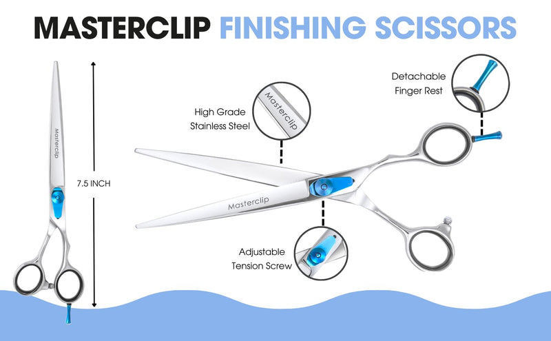 Masterclip 7.5” Essentials Finishing Scissors – Professional High Grade Stainless Steel Easy Grip Dog Grooming Scissors – Suitable for Precise Lines and a Sharp Show Cut Finish (Right Handed)