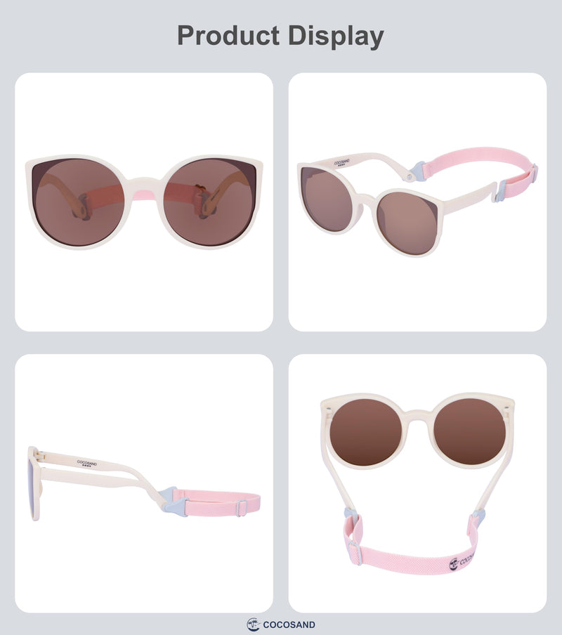 COCOSAND Baby Sunglasses with Strap Polarized Cat Eye UV400 for Infant Toddler Girl 3-24 Months TPE Frame Beige - PawsPlanet Australia