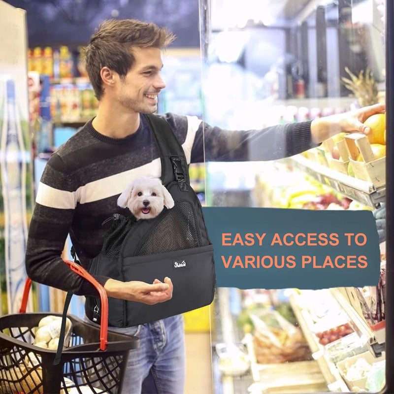 AUTOWT Small Animal Sling, Hands Free Papoose Small Dogs Cats Pet Puppy Travel Carrier Bag Tote Adjustable Padded Strap Breathable Mesh Hard Bottom Support Drawstring Opening Front Pocket Safety Belt For Pet Up to 6 lbs Black - PawsPlanet Australia
