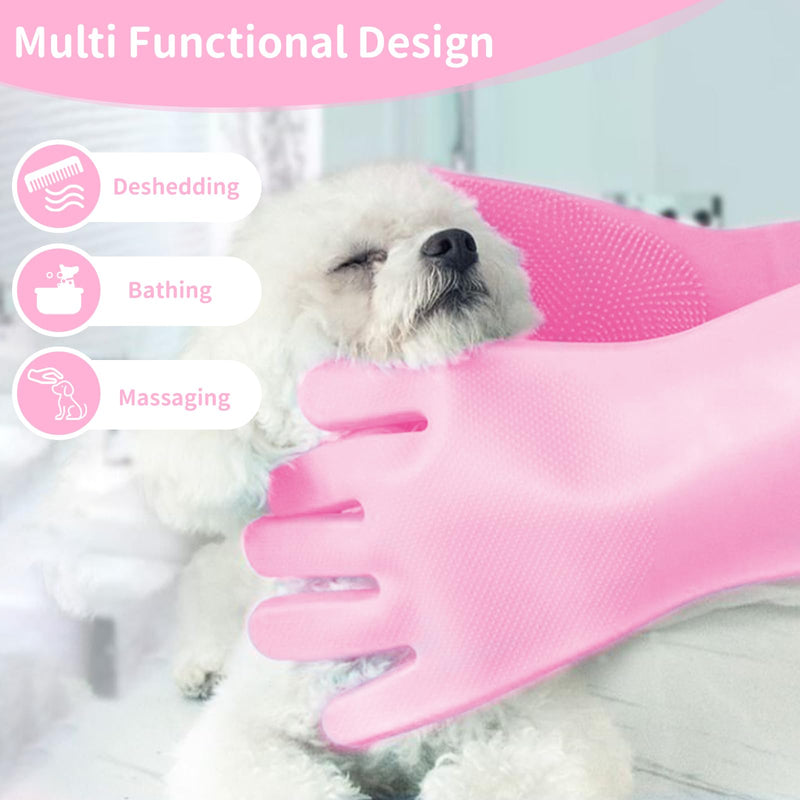 Pet Grooming Gloves，Heat-Resistant Dog Washing Gloves with High-Density Teeth，Silicone Dog Bath Brush with Enhanced Five Finger Design，Bathing and Massaging for Dogs and Cats,Pink Pink - PawsPlanet Australia