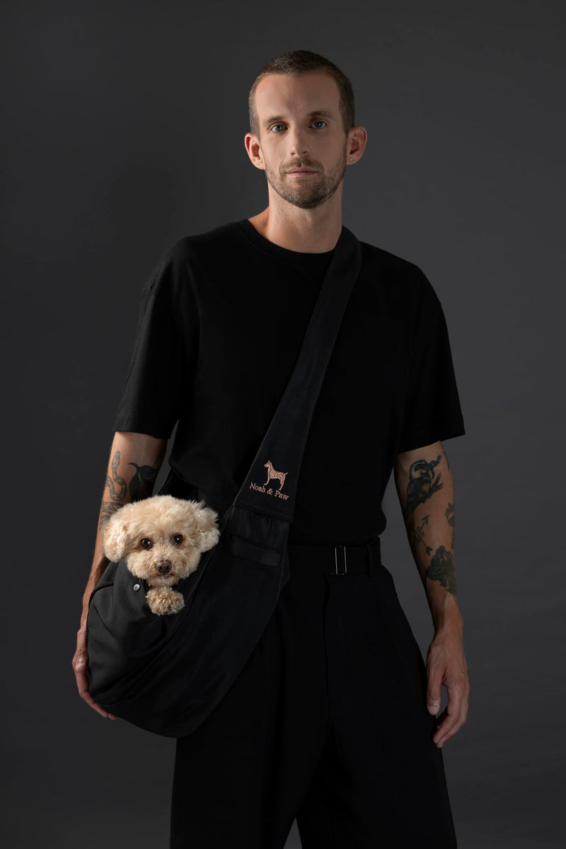 Noah & Paw Dog Sling Carrier for Small Dogs 5-18lb, Dog Sling for Small Dogs and Cats, Dog Carrier with Adjustable Padded Strap, Premium Twill, Lined with Fur, Double Safety Feature, Machine Washable Black 18.0"L x 10.0"W x 6.5"H - PawsPlanet Australia