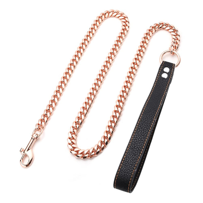 AIYIDI Rose Gold Chain Dog Leash Heavy Duty 3FT/4FT/5FT Stainless Steel Metal Training Walking Leash,Easy Hook,Leather Handle,Chewy, 10mm/14mm Cuban Link Leash for Large Medium Small Dogs Chain Width: 14mm 5FT(60inches) - PawsPlanet Australia