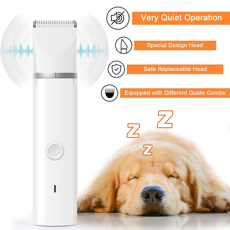 Dog Clippers Grooming Kit Hair Clipper-Low Noise Paw Trimmer- Rechargeable - Cordless Quiet Nail Grinder Shaver for Cats and Other Pets White