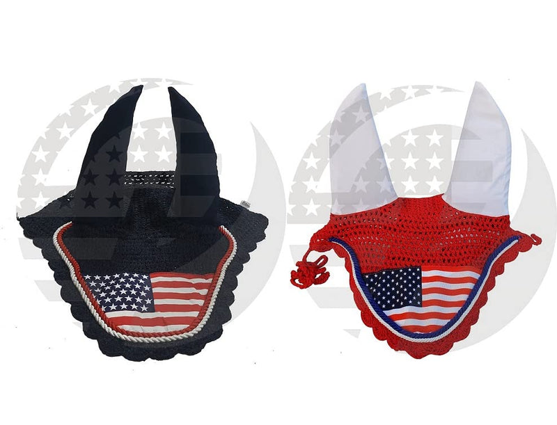 USA Flag Horse Ear Bonnet Fly Veil Crochet Equestrian Bonnet in 2 Style (Full, USA Flag RED) FULL