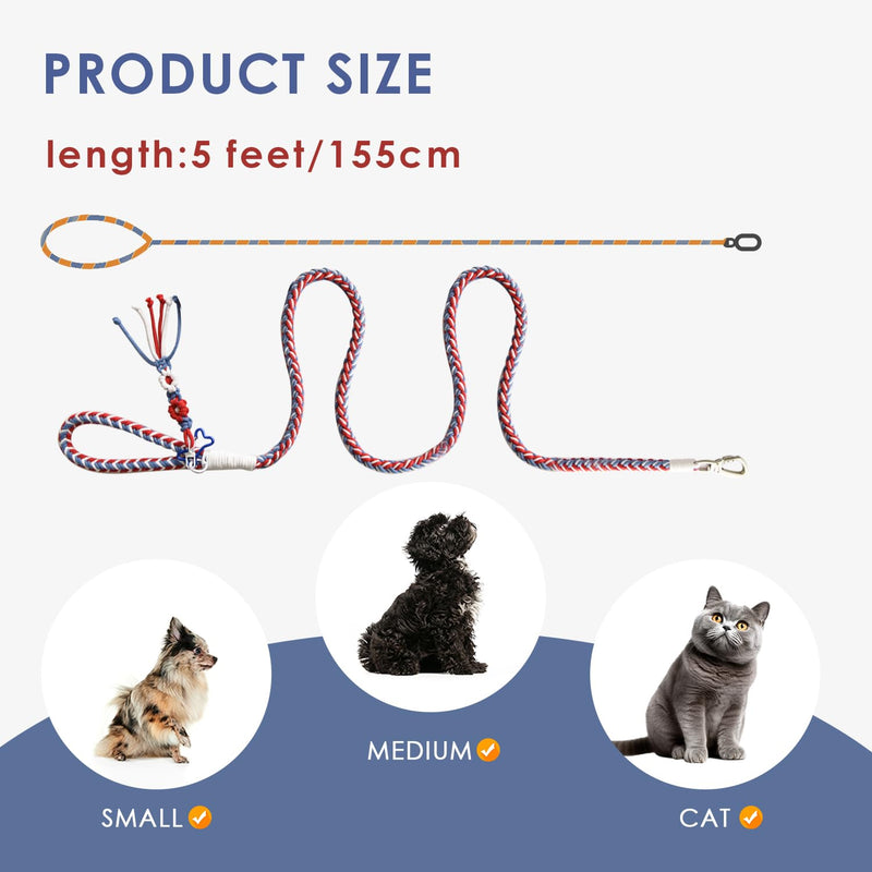KUDOS Braided Cotton Dog Leash – Secure Handle & Locking Buckle, Handwoven Rope in Red Blue White, 5.2ft Leash with Floral Charm for Small to Large Dogs, Nautical Theme Nautical Breeze - PawsPlanet Australia