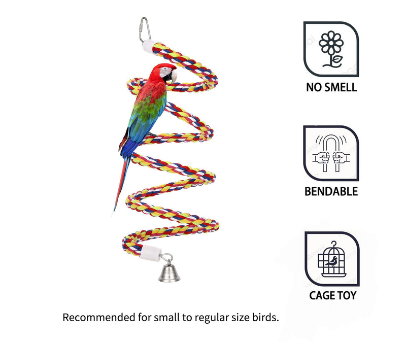 63'' Bird Rope Perches Birdcage Swing Toys 100% Cotton Natural Bird Perch Peck/Chewing with Bell Climbing Standing Bungee Parrot Toys for Small to Regular Size Parrot Cockatiel Birds 63 inches (1 piece) - PawsPlanet Australia