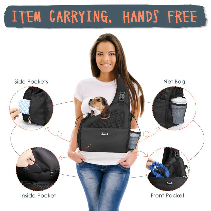 SlowTon Pet Dog Sling Carrier, Hands Free Hard Bottom Papoose Small Animal Puppy Up to 6 lbs Travel Bag Tote Breathable Mesh Support Adjustable Padded Strap Pocket Safety Belt(Widened Black) For Short Leg Pets under 6lbs - PawsPlanet Australia