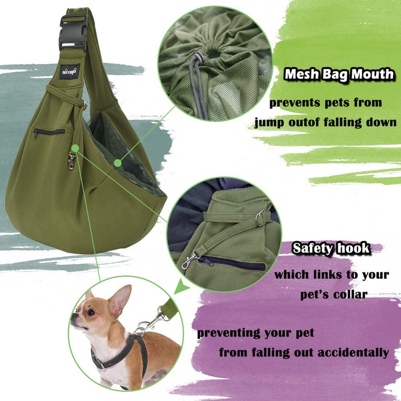 NATUYA Dog Sling Puppy Carrier for Small Dogs Hand Free Doggie Walking Bag Adjustable Shoulder Strap Zip Pocket Safety Belt Protective Mesh Pet Carrier for Travel Outdoor Subway (Green) Green - PawsPlanet Australia