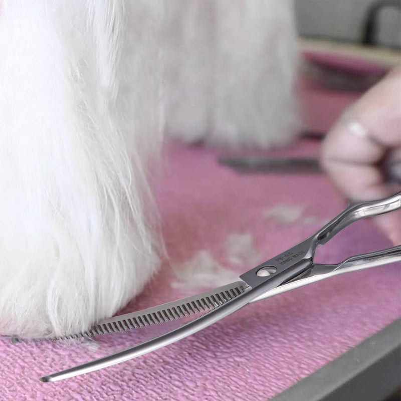 PURPLEBIRD 6.5 Inch Downward Curved Dog Grooming Scissors Pet Thinning Texturizing Shears Professional Safety Blunt Tip Trimming Shearing for Dogs Cats Face Paws Limbs Japanese Stainless Steel Silver 6.5"CurvedThinning - PawsPlanet Australia