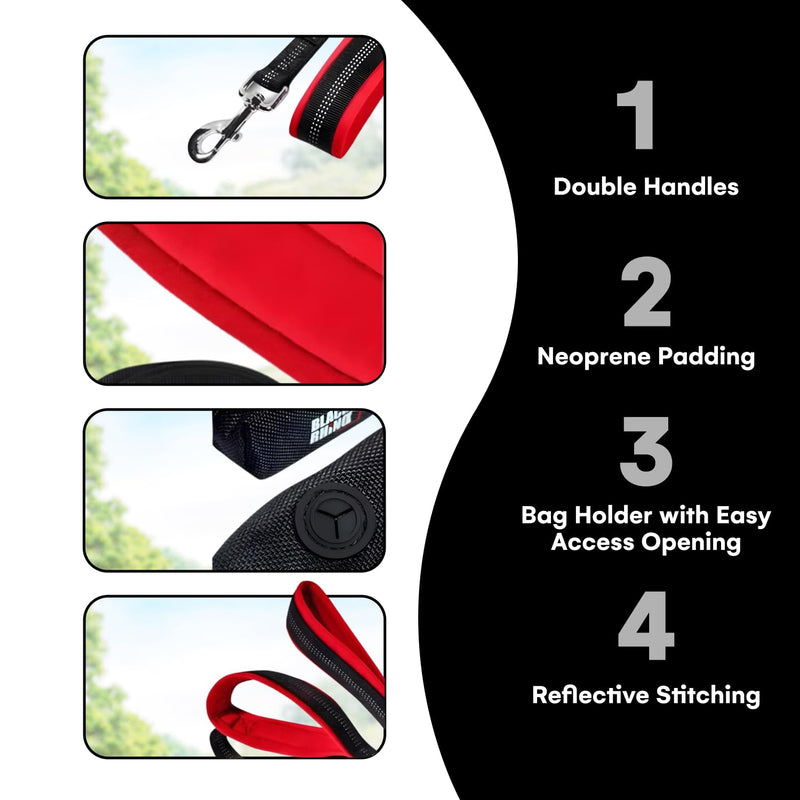 Black Rhino 6 ft Long Heavy Duty Dog Leash with Traffic Handle for Medium and Large Dogs - with Padded Neoprene Dual Handles, Bag and Clip - Reflective, Durable, and Weather Resistant - Red - PawsPlanet Australia