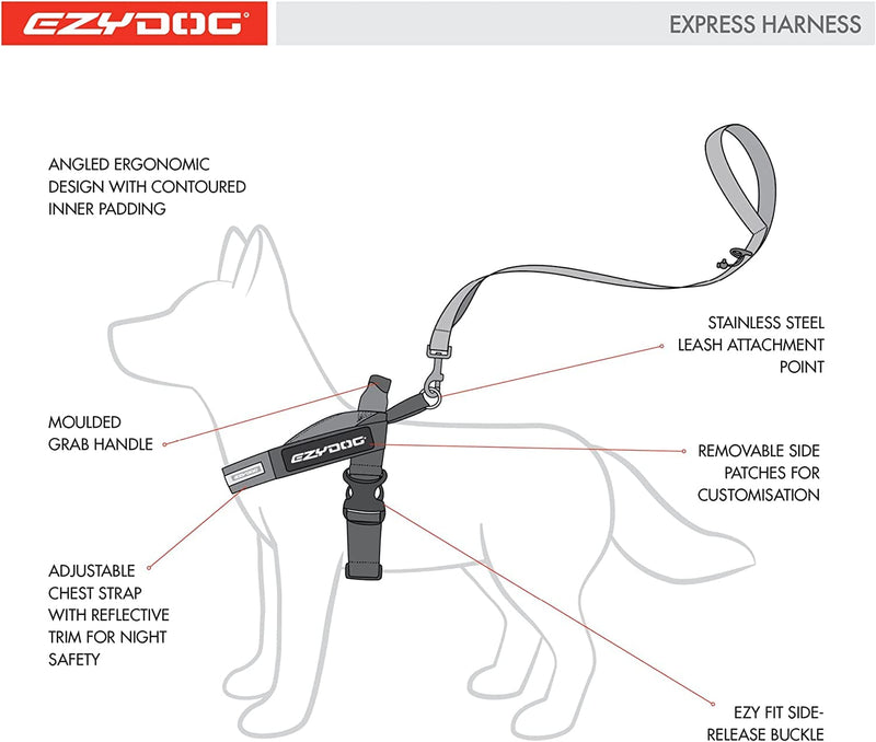 EZYDOG Express Dog Harness | Dog Harness for Small, Medium and Large Dogs, Angled Ergonomic Design, Moulded Grip Handle, Easy Release Side Buckle (M, Pink)