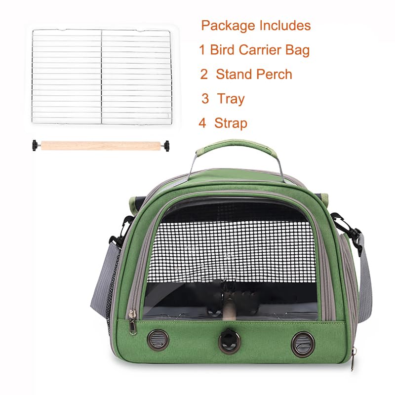 Bird Travel Carrier, Portable Small Bird Parrot Parakeet Carrier with Standing Perch and Tray, Side Access Window Collapsible Bird Carry Transport Bag for Vet Visit(Green) - PawsPlanet Australia