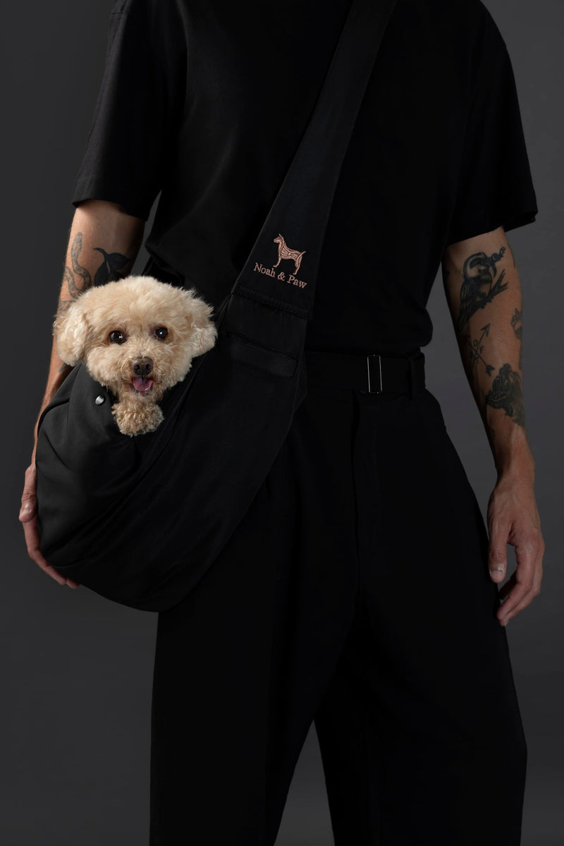Noah & Paw Dog Sling Carrier for Small Dogs 5-18lb, Dog Sling for Small Dogs and Cats, Dog Carrier with Adjustable Padded Strap, Premium Twill, Lined with Fur, Double Safety Feature, Machine Washable Black 18.0"L x 10.0"W x 6.5"H - PawsPlanet Australia