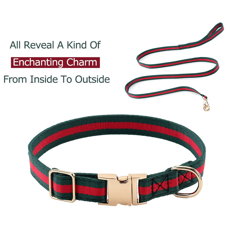 Stylish and Elegant Dog Collar,Adjustable Metal Belt Buckle, Durable High Density Fabric for Comfortable Pet Dog Collar and Dog Leash Set Packing for Medium Dogs M (Neck Girth:11.8"-17.7", Width:3/4") Green Red, Metal-2 - PawsPlanet Australia