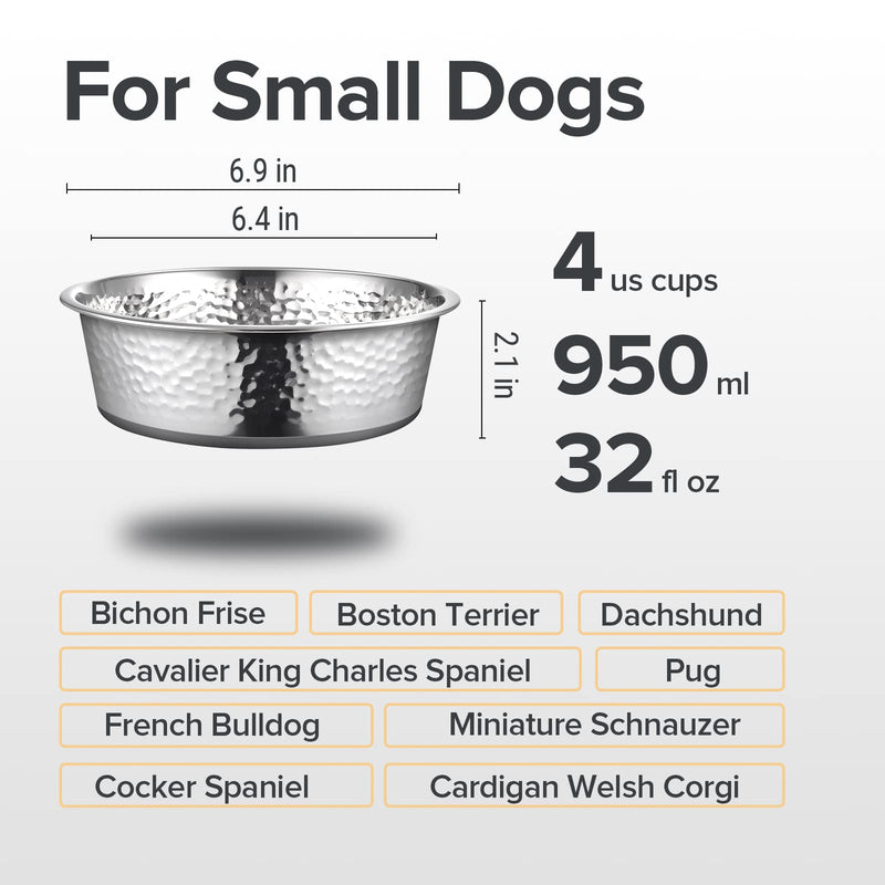 2 Pack Hammered Stainless Steel Dog Bowls, Premium Metal Dog Bowls with Non Slip Rubber Bottom, Dishwasher Safe, Easy to Clean, 4 Cup, Gray Bottom 4-Cup Hammered, Gray - PawsPlanet Australia