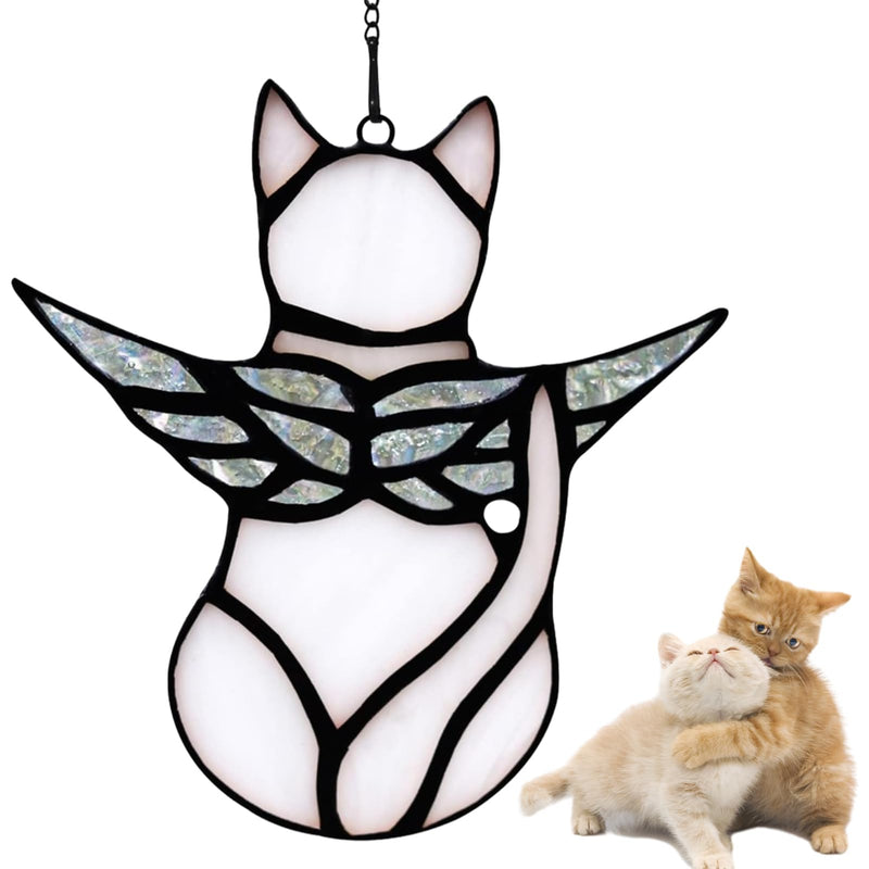 Angel Cat Memorial Present Ornaments, Stained Glass Window Hanging Decorations for Cat Lovers, Angel Wings Cat Suncatcher Decor, Pet Memorial Sympathy Present Statue (white) White - PawsPlanet Australia