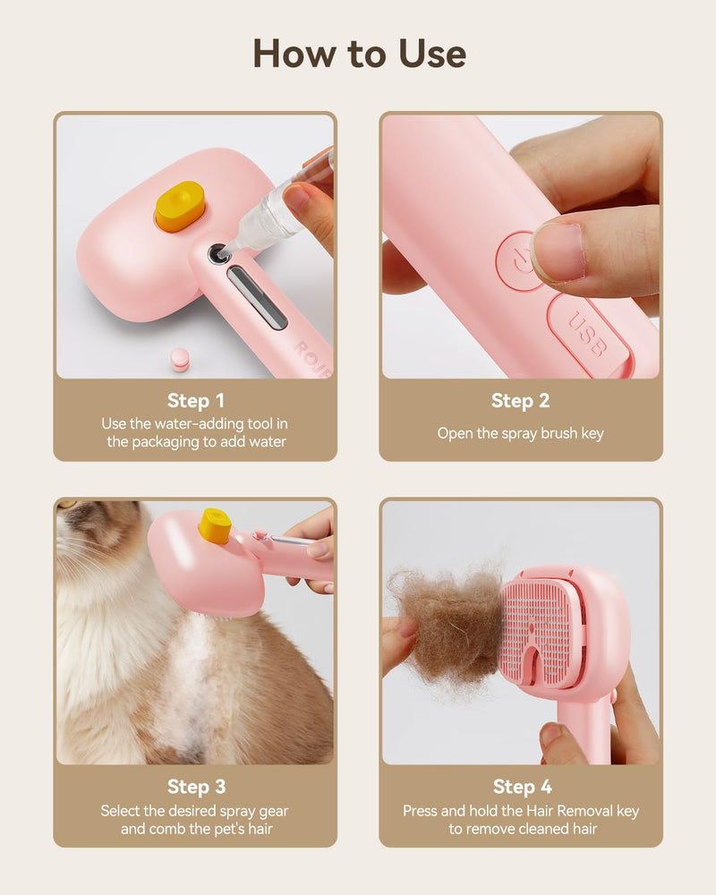 ROJECO 3-in-1 Pet Steam Brush for Cats&Dogs - Detangling Comb with Adjustable Mist, Handheld Deshedding Grooming Tool for Long/Short Hair, Massage Brush & Shedding Control Gift,Cordless,Pink Pink