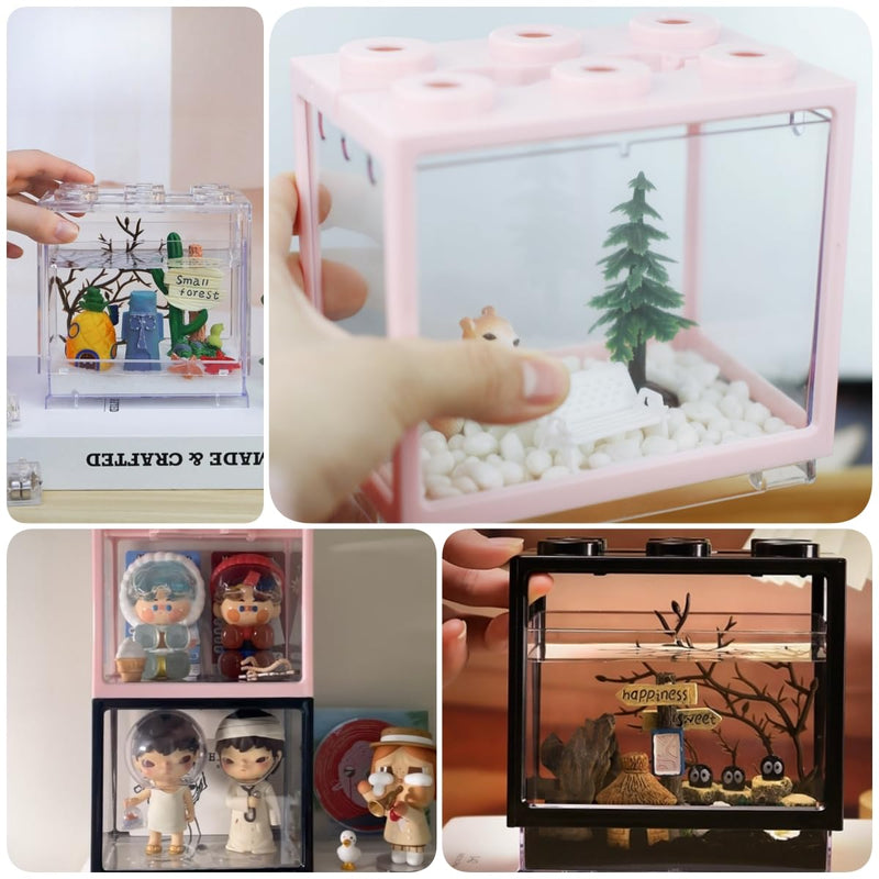 Small Sea Monkey Tank, Stackable Mini Betta Fish Tank Tinny Aquarium Kit with Aquarium Gravel, Moss Ball Tank Shrimp Tank 0.27 Gallon Acrylic Cube Fish Bowl for Shrimp Snails Pink - PawsPlanet Australia
