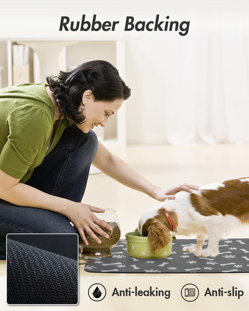 Pet Feeding Mat-Absorbent Dog Food Mat-Dog Mat for Food and Water-No Stains Quick Dry Dog Water Dispenser Mat-Pet Supplies-Dog Placemat Dog Water Bowl for Messy Drinkers 12"X19" Dark Grey 12"X19" - PawsPlanet Australia