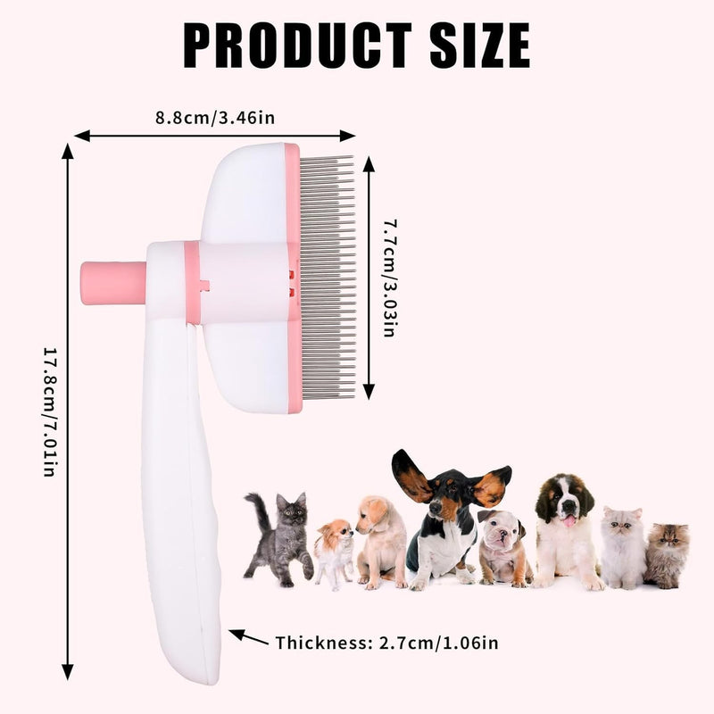 Pet Hair Removal Comb & Flea Comb with Release Button for Cats & Dogs - Grooming Brush for Short/Long Hair Pink
