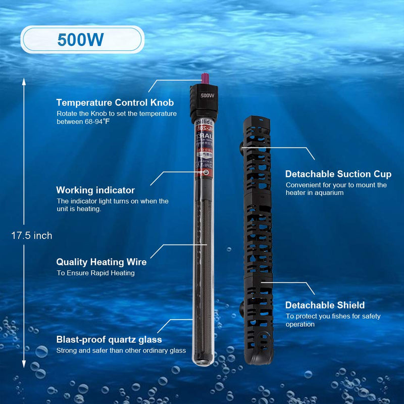 MQ Submersible Aquarium Heater Auto Thermostat, 500W Fish Tank Heater with LCD Digital Aquarium Thermometer, Shatter-Proof and Blast-Proof 500W for Fish Tank 55-80 Gallon