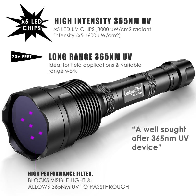 UniqueFire 365nm Black Light UV Flashlight with 5 LEDs Professional UV Light, 50W Powerful Blacklight Flashlight Rechargeable for Pet Urine Finding & Mineral, Antique Detection, Scorpion Search, etc - PawsPlanet Australia