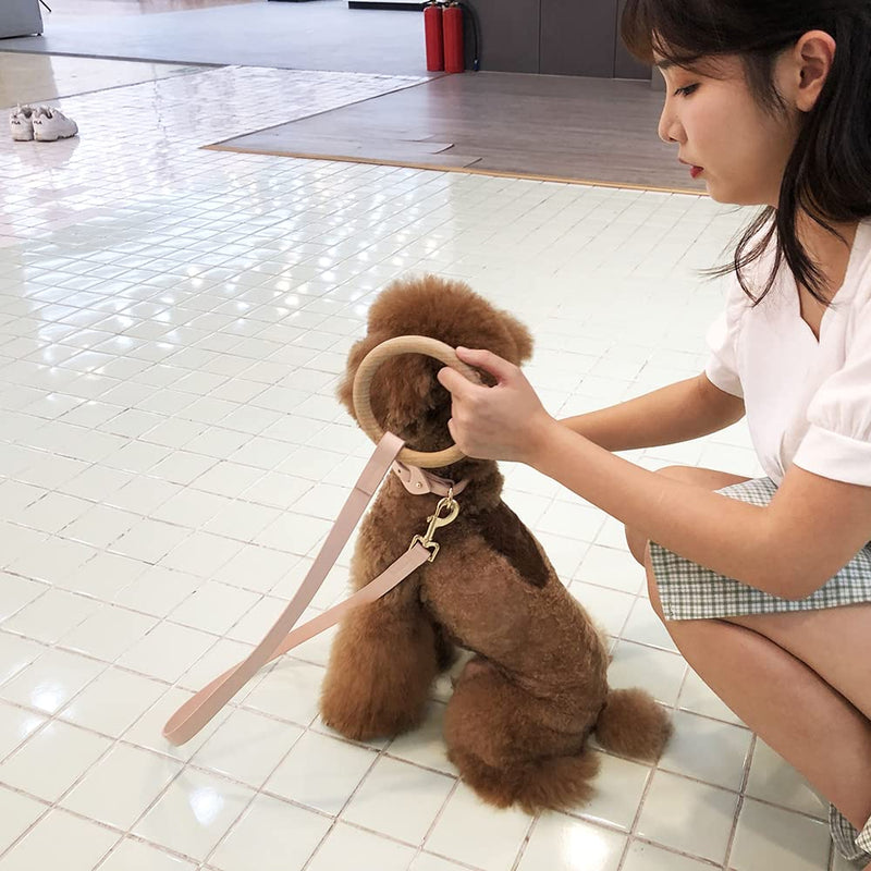 Microfiber Soft Leather Dog Leash -Wood Handle Girl Puppy Leash Made of Faux Leather - with Gold Alloy Hardware, Beech Ring - Fashion Accessories for Pets - Pink, Small, 47.2" Long Small- Length 3.94 feet Leash:PeachPink - PawsPlanet Australia