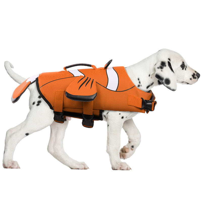 DENTRUN Dog Life Jacket Safety Vests for Swimming, Adjustable Puppy Pool Lake Floats Coat High Visibility Superior Floatation & Rescue Handle, Clownfish Shape Water Vest for Small Medium Large Dog XX-Large Orange