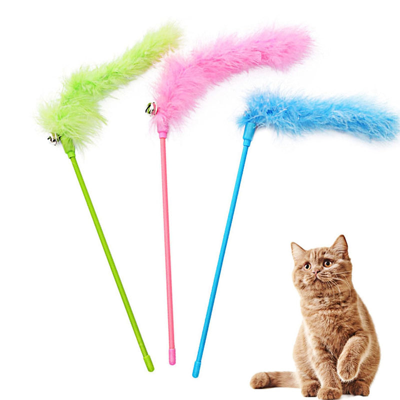 Cat Wand Toys, 3 PCS Interactive Cat Feather Toys Colorful Cat Teaser Wand with Bell for Cats and Kitties A