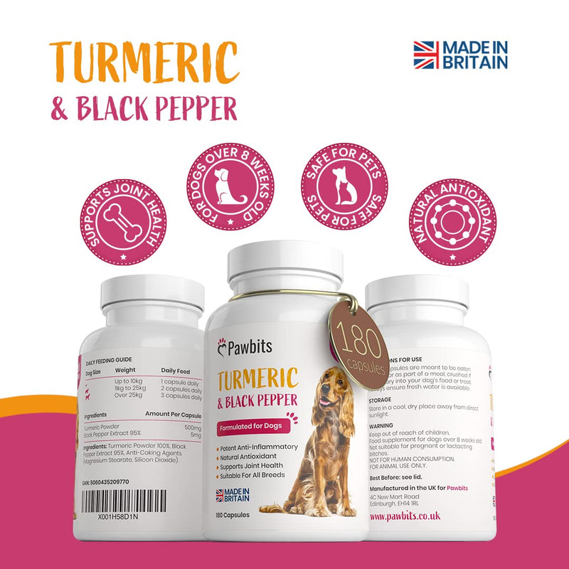 180 Turmeric for Dogs with Active Bioperine Black Pepper | Natural Premium Turmeric Curcumin Capsules suitable for Cats, Horses & Pets Powerful Antioxidant Supplement for Hip & Joints 180 Capsules - PawsPlanet Australia