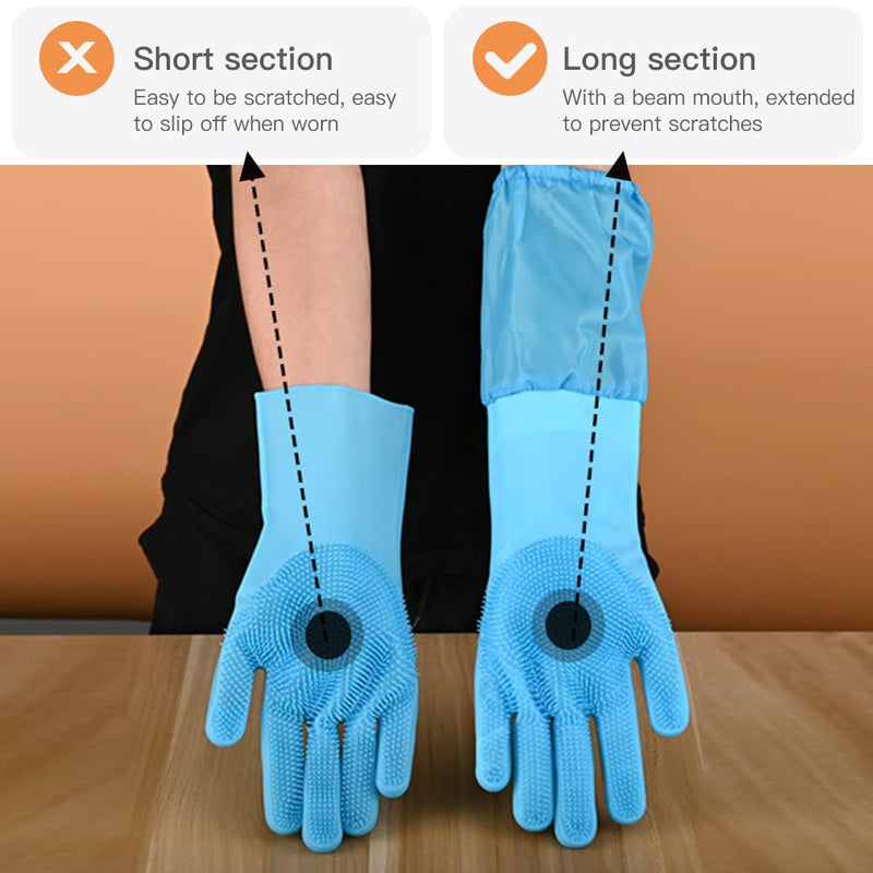 WAYUTO Long Sleeve Silicone Grooming Gloves - Cat & Dog Massaging, Hair Removal, Bathing, Shampoo Gloves for Kitchen, Bathroom and Pet Shop Use - Blue - PawsPlanet Australia