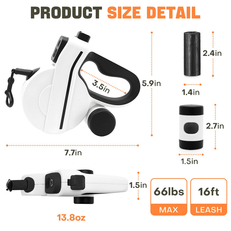 Retractable Dog Leash with LED Light & Reflective Tape for Night Walk, 16ft Dog Leash with Poop Bag Dispenser, Chew-Proof Steel Cable, One-Button Brake & Lock for Medium Dogs up to 66 lbs (BLK&WHT) Coal