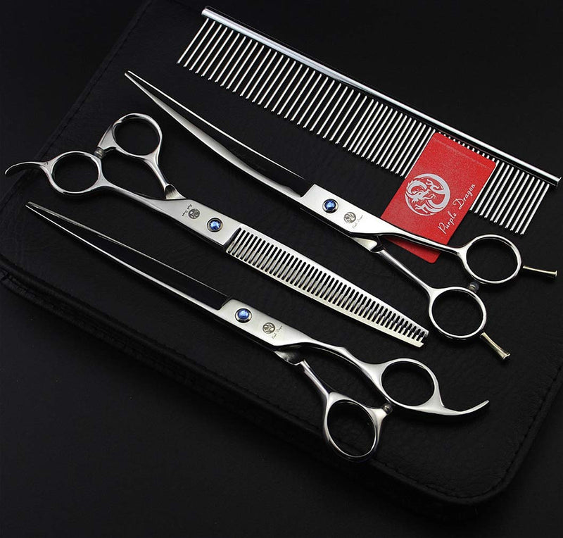 Purple Dragon 8.0 inch Dog Hair Cutting, Curved and Thinning Scissor Shears Pet Grooming Tool Kit Silver - PawsPlanet Australia