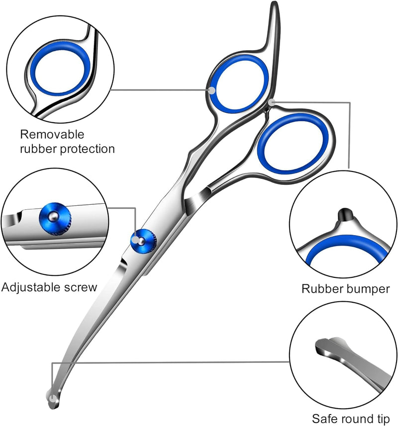 Dog Scissors, 6.7 Inch Stainless Steel Dog Grooming Scissor Kit with Safety Round Tips, Pets Grooming Shears with Thinning Shears & Curved Scissors for Pet Hair Fur Care