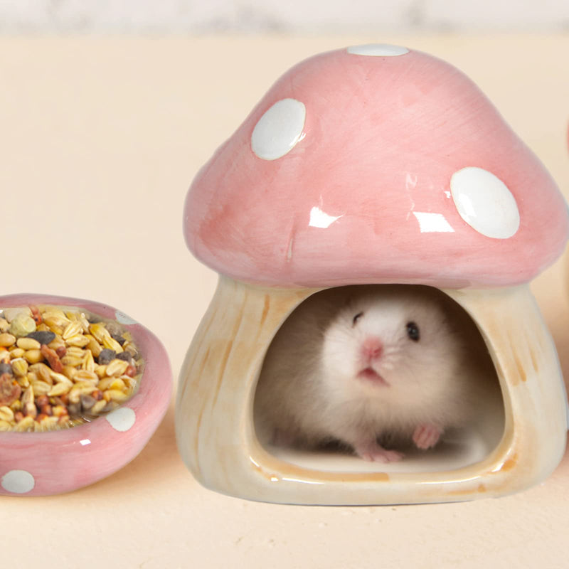 Ceramic Mushroom Habitats Hamster Hideout，Hamster House Hamster Hideaway House Habitats Food Feeding Bowl Gerbils Chinchillas Ferrets Hedgehog Small Animals(Pink Mushroom set) Pink Mushroom set - PawsPlanet Australia
